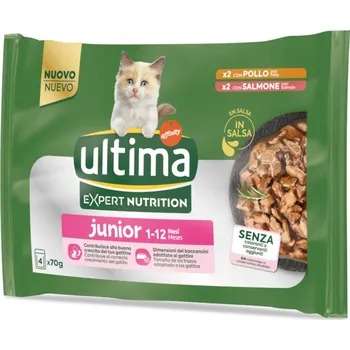 Krmivo pro kočku 4ks-4x70g Ultima Cat Expert Nutrition Junior kuřecí a losos vlhké krmivo pro kočky