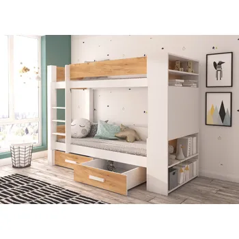 Postel ADRK Patrová postel GARET, CH-Gar-W+OGOLD-210+M-E193, 180x80 cm s matrací, bílá/zlatý dub