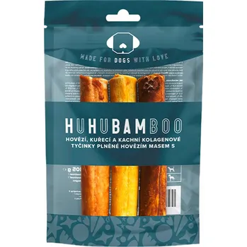 Pamlsek pro psa Huhubamboo Hovězí, kachní, kuřecí kolagen stick plněný hovězím 3 ks