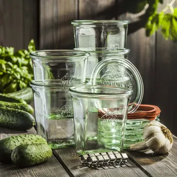 WECK Quadro 0,54 l 6 ks – skleněné zavařovací sklenice s víčky a příslušenstvím