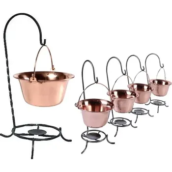 Kempingové nádobí Set stojan s měděným kotlíkem 6 L souprava 4 kusů měděných kotlíků na stojáncích (velký servírovací stojan s možností doohřevu svíčkou měděný kotlík 6 L + souprava 4 kusů měděných kotlíků na stojáncích)