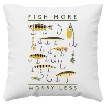 Žertovný předmět Fish more, worry less - polštář s potiskem- Tričkový.cz