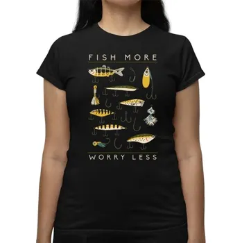 Žertovný předmět Fish more, worry less - dámské tričko s potiskem- Tričkový.cz