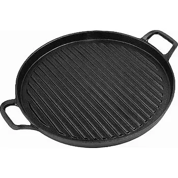 Grilovací rošt Plát kulatý litinový 31 x 2 cm 2 ucha (díky hlubokým drážkám získáte krásně opečený povrch masa a autentický mřížkovaný vzor)