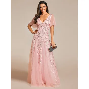 Dámské šaty Večerní šaty, dvojitý hluboký výstřih do V a volánové rukávy Barva: Růžová, Velikost: 9XL