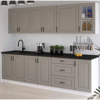 Kuchyňská linka Kuchyňská linka STILO, bílá/claygrey MDF, sestava H, vitrína, 260 cm