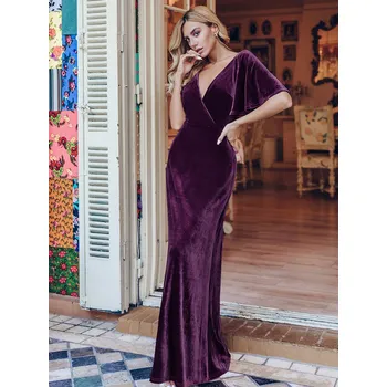 Dámské šaty Velurové večerní šaty s obálkovým výstřihem Barva: Fialová, Velikost: 6XL