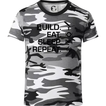 Chlapecké tričko Build eat sleep repeat - montážní pěna - Dětské maskáčové triko - 146 cm/10 let ( Šedý maskáč )