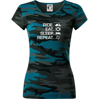 Dámské oblečení Ride Eat Sleep Repeat moto skútr - Dámské maskáčové triko - M ( Petrolejová maskáč )