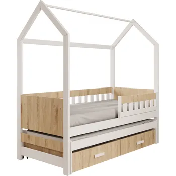 Postel ADRK Rozkládací postel JASPIS, CH-JAS-WO-200-M, 200x90 cm se zábradlím a matrací, bílá/dekor dub