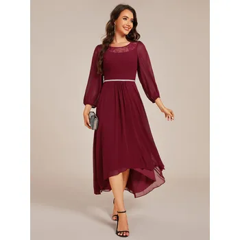 Dámské šaty Midi šifonové svatební šaty pro hosty s asymetrickým lemem Barva: Bordová, Velikost: 8XL