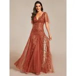 Třpytivé dlouhé večerní šaty s výstřihem a dlouhým rukávem Barva: Oranžová, Velikost: 4XL