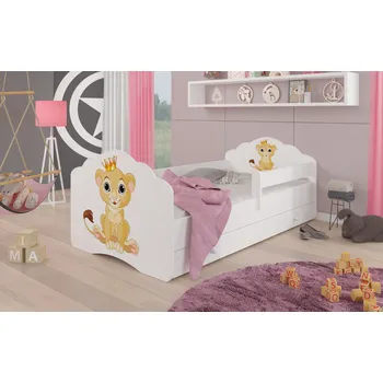 Postel ADRK Postel CASIMO LION, CH-Cas-Barri-Lio-140-E105, 140x70 cm se zásuvkou, zábradlím a matrací, bílá/grafika