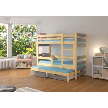 Postel ADRK Rozkládací patrová postel KARLO, CH-Kar-PIN+G-E1080, 180x75 cm se zábradlím a matrací, borovice/šedá