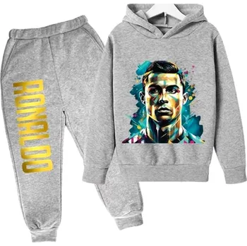 Pohodlná tepláková souprava pro fanoušky fotbalu Cristiano Ronaldo Barva: šedé kalhoty + šedá mikina, Velikost: 160