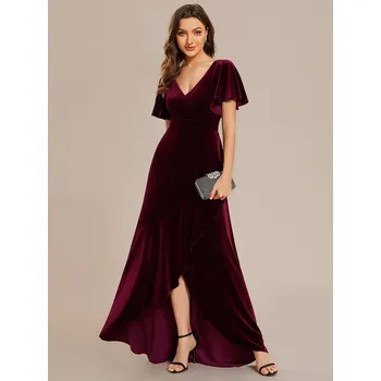 Dámské šaty Volánkové večerní šaty s výstřihem do V a krátkými rukávy Barva: Bordová, Velikost: 6XL