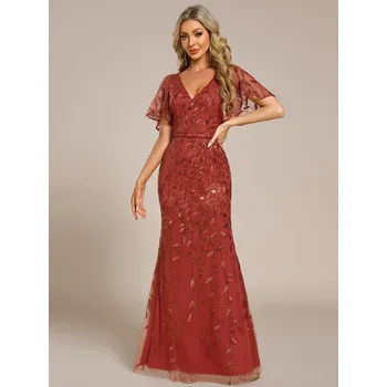 Dámské šaty Dlouhé plesové šaty typu rybí ocas s volánovými rukávy Barva: Oranžová, Velikost: M