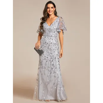 Dámské šaty Dlouhé plesové šaty typu rybí ocas s volánovými rukávy Barva: Stříbrná, Velikost: 4XL