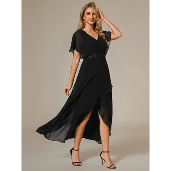 Dámské šaty Šifonové večerní šaty s krátkými rukávy Barva: Černá, Velikost: 7XL