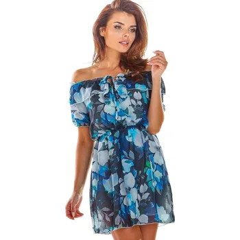 Dámské šaty Letní, vzdušné šaty s výstřihem ve španělském stylu A302 Barva: Tmavě Modrá, Velikost: L/XL