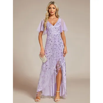 Dámské šaty Večerní midi šaty ze síťoviny s výstřihem do V Barva: Levandulová, Velikost: 6XL