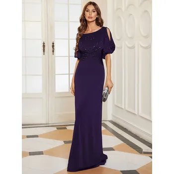 Dámské šaty Elegantní večerní šaty s korálky a vázáním v pase Barva: Fialová, Velikost: 6XL