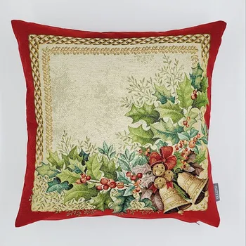 Dekorativní polštářek BYTEMA Vánoční gobelínový povlak ZLATÉ ZVONY červený lem 45 x 45 cm