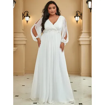 Dámské šaty Dlouhé šaty s obálkovým výstřihem a průstřihy na rukávech Barva: Krémová, Velikost: 6XL