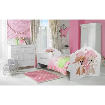 Postel ADRK Postel CASIMO TWO DOGS, CH-Cas-Barri-Two-Dog-160-E096, 160x80 cm se zábradlím a matrací, bílá/grafika