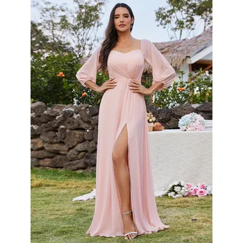 Dámské šaty Šifonové Maxi večerní šaty na jedno rameno s lucernovými rukávy Barva: Růžová, Velikost: 6XL