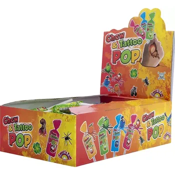 Cukrovinka Lízátko CHEW & TATTOO POP - s tetováním 8 g - ovocné karamelové lízátko - balení 50 ks (50 ks v balení / with tattoo)