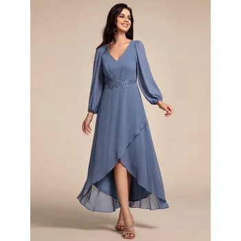 Dámské šaty Asymetrické šifonové večerní šaty s dekorací v pase Barva: Mořská, Velikost: XL