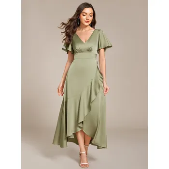 Dámské oblečení Midi šaty pro družičku s volánkovým asymetrickým lemem Barva: Zelená, Velikost: S