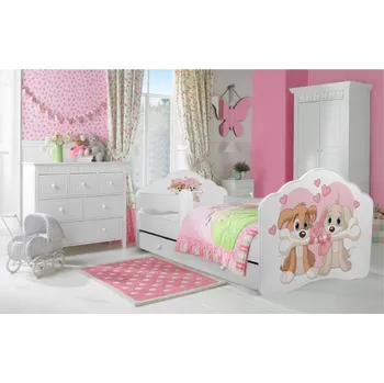 Postel ADRK Postel CASIMO TWO DOGS, CH-Cas-Barri-Two-Dog-160-E156, 160x80 cm se zásuvkou, zábradlím a matrací, bílá/grafika