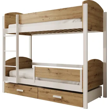 Postel ADRK Patrová postel JORI, CH-JOR-WA-180-BAR-M, 180x80 cm se zábradlím a matrací, bílá/dub artisan