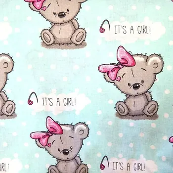 Rumitex Bavlněná látka, cena za 1 metr, šíře 160 cm, MEDVÍDEK - HOLKA, MENTOLOVÁ