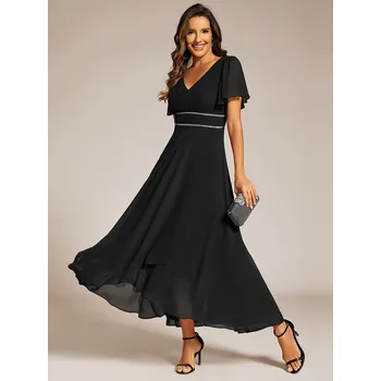 Dámské šaty Asymetrické šifonové šaty s volánovými rukávy Barva: Černá, Velikost: 2XL