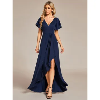 Dámské šaty Lesklé večerní šaty s volánovými rukávy Barva: Tmavě Modrá, Velikost: 9XL