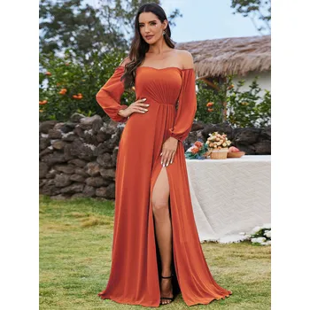Dámské šaty Šifonové Maxi večerní šaty na jedno rameno s lucernovými rukávy Barva: Oranžová, Velikost: 7XL