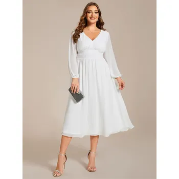 Dámské šaty Šifonové svatební šaty s dlouhými rukávy ke kolenům Barva: Bílá, Velikost: 8XL