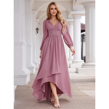 Dámské šaty Maxi šifonové večerní šaty s dlouhými rukávy Barva: Purpurová, Velikost: 9XL