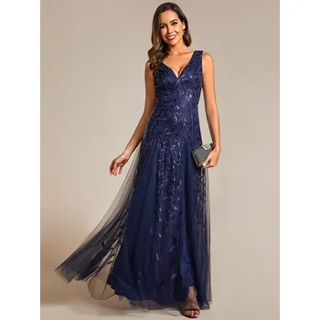 Dámské šaty Lesklé flitrové večerní šaty bez rukávů s tylem Barva: Tmavě Modrá, Velikost: 9XL