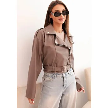 Dámský kabát Fashionweek Dámská krátká bunda z eko kůže s páskem a límcem K4584 Barva: Capuccino, Velikost: Universal