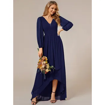 Dámské šaty Maxi šifonové večerní šaty s dlouhými rukávy Barva: Tmavě Modrá, Velikost: 8XL