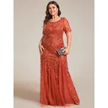 Tylové dlouhé šaty plus size s flitry a krátkým rukávem Barva: Oranžová, Velikost: 4XL