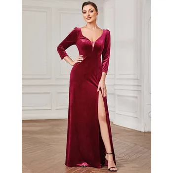 Dámské šaty Velurové dlouhé šaty s áčkovou siluetou a výstřihem do V Barva: Bordová, Velikost: 8XL