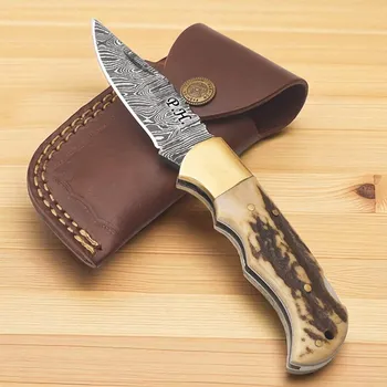 kapesní nůž Exkluzivní zavírací nůž z damascénské oceli a rukojetí z paroží jelena Tigris