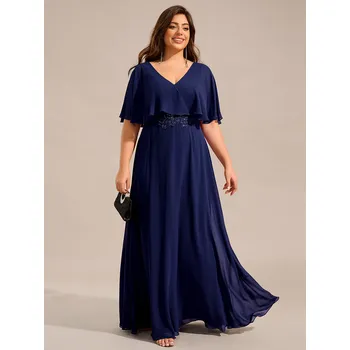 Dámské šaty Šifonové večerní šaty s nášivkovým zdobením Barva: Tmavě Modrá, Velikost: 5XL