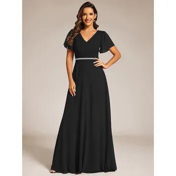 Dámské šaty Elegantní šifonové šaty s volánkovými rukávy a páskem Barva: Černá, Velikost: 6XL