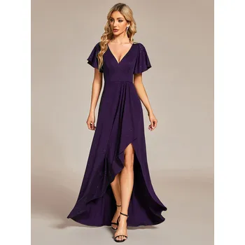 Dámské šaty Lesklé večerní šaty s volánovými rukávy Barva: Fialová, Velikost: 6XL